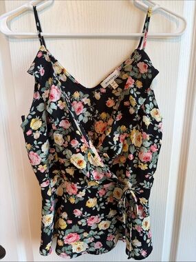 Monteau Black Floral Wrap Cami with Pink & Yellow Roses